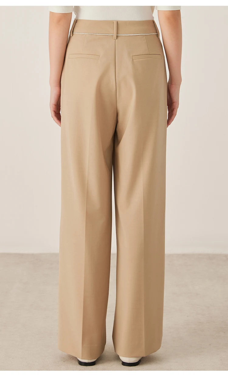 KL9523338 Hoch taillierte Hose aus Wollmischung mit weitem Bein für Damen, plissierte Vorderseite, Herbstmode, Damenbekleidung – Detail 7