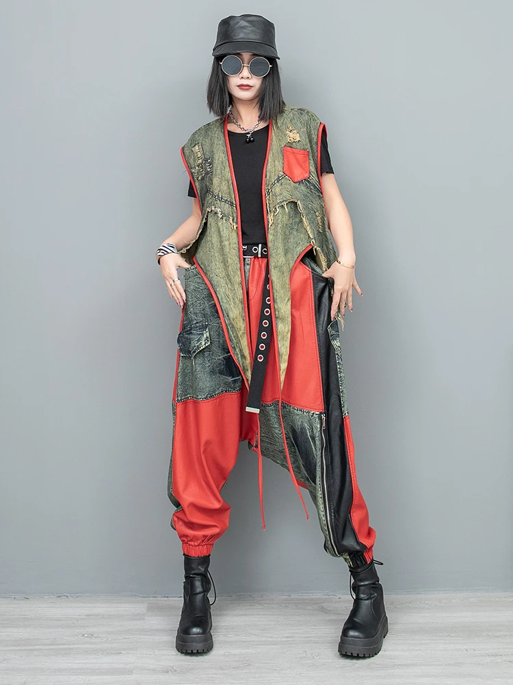 2024 Summer New Cool Distressed Denim Patchwork Irregular Vest + Hanging Crotch Pants Two-piece Set Women LX076