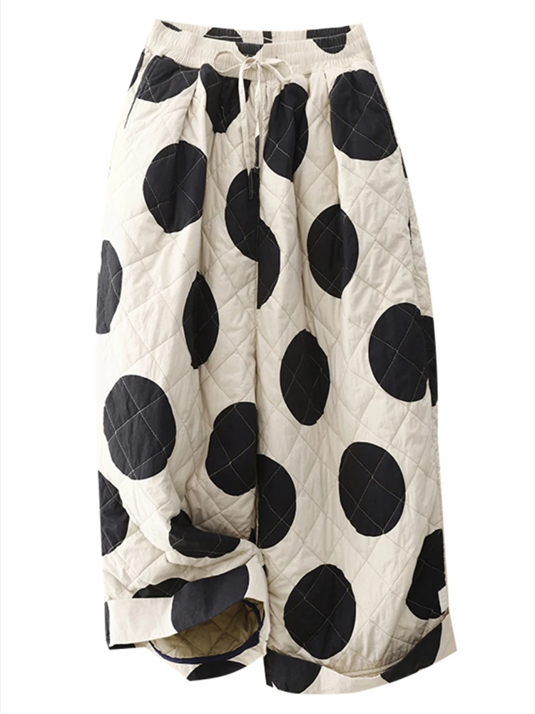 Europeu polka dot impresso para baixo calças de algodão feminino inverno 2025 cintura elástica para uso casual grosso algodão acolchoado calças largas perna
