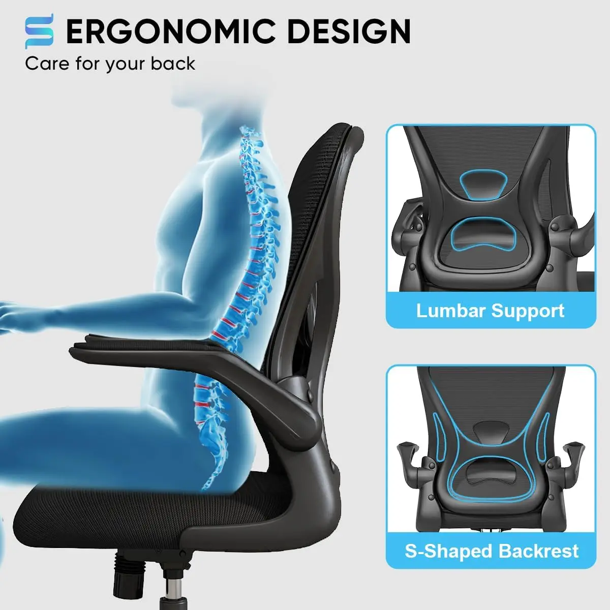 Sytas Ergonomic Desk Chair with Padded Flip up Arms and Supportive Lumbar Support, Breathable Mesh Home Office Chair