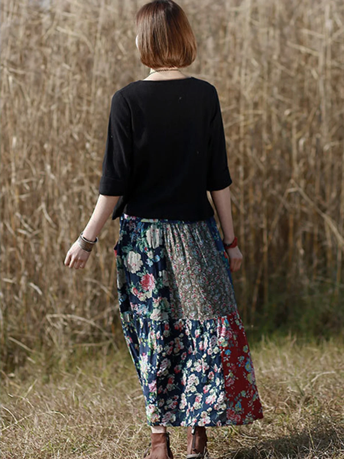 فستان نسائي طويل من القطن مُزين بنقشة الزهور، لون بوهيمي، فريد من نوعه، ماكسي متعدد الألوان، تنورة خصر مطاطية، فضفاضة كاجوال للربيع والصيف #4