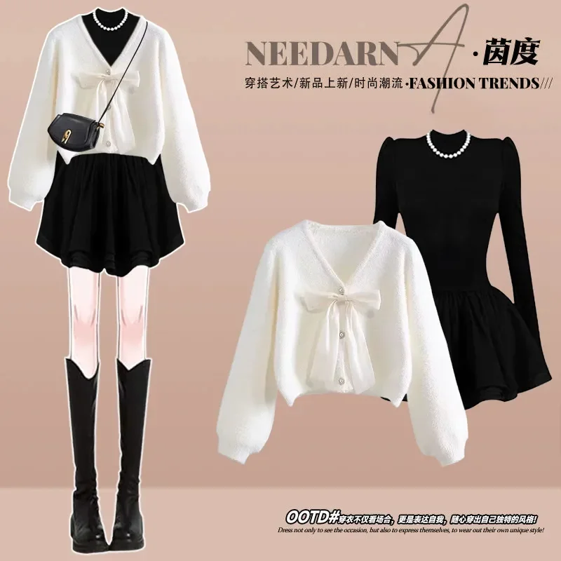 

Осенне-зимний костюм 2025 г., женский высококачественный свитер с бантом, словосочетание платья, костюм-двойка