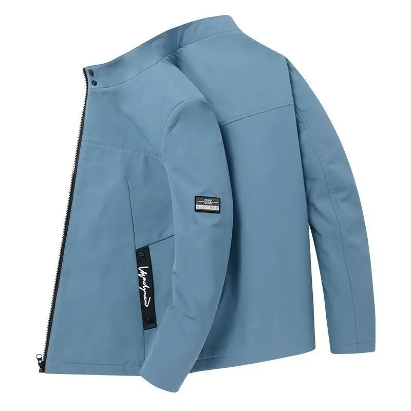 

Men's Casual Stand Collar Zippered Jacket With Pockets And Patch Design Lightweight Spring Autumn Wear