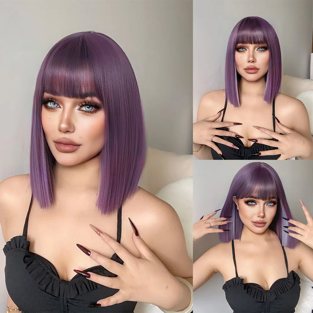 

12Inch Vivid Purple Synthetic Wigs with Bangs Medium Length Natural Straight Hair Wig for Women Daily Cosplay Heat Resistant