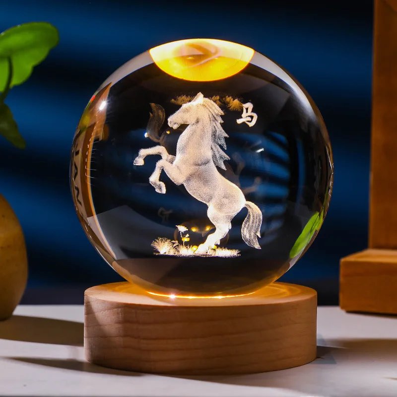 Crystal Ball Night Light USB Power Supply Warm Light Dragon Horse Monkey Sheep Chicken Pig Birthday Gift Zodiac Luminous Crafts