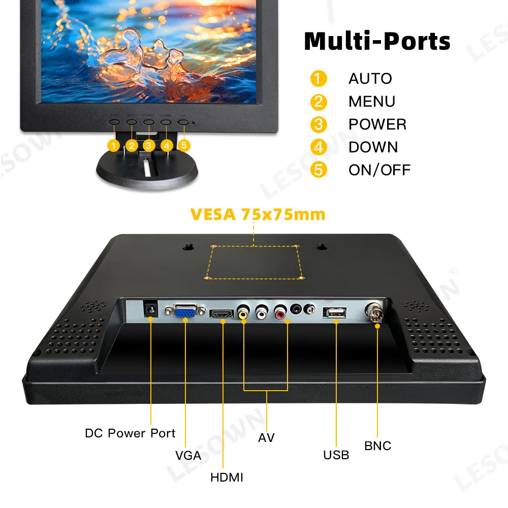 LESOWN LCD Rugged Monitor 12 Inch 1024x768 IPS Secondary Side Screen Additional Monitor with VGA HDMI AV BNC USB