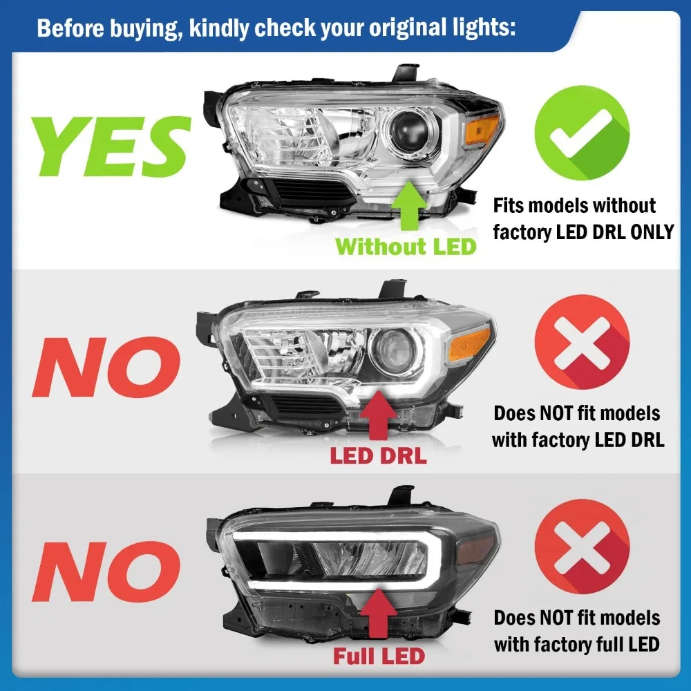 Pair Headlights For 2016-2022 Toyota Tacoma w/o LED DRL Chrome with Bulbs