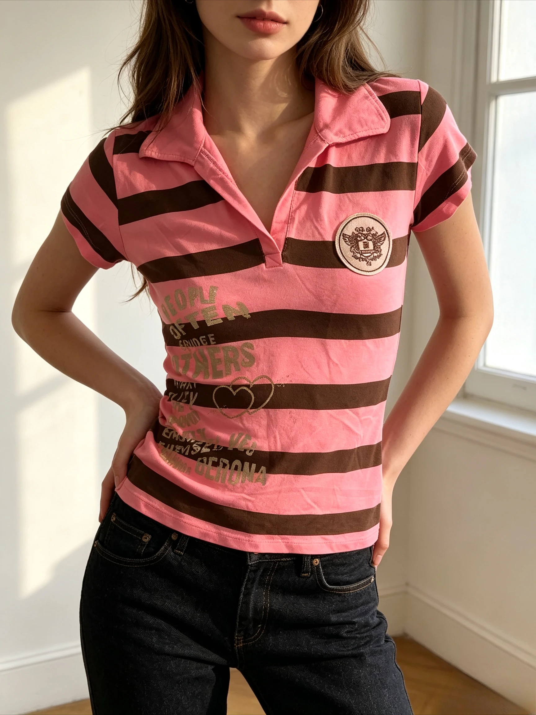 Retro Pink Brown Striped Polo Shirt Crest Patch Letter Print Double Heart Detail Short Sleeve Slim Y2K Casual Top