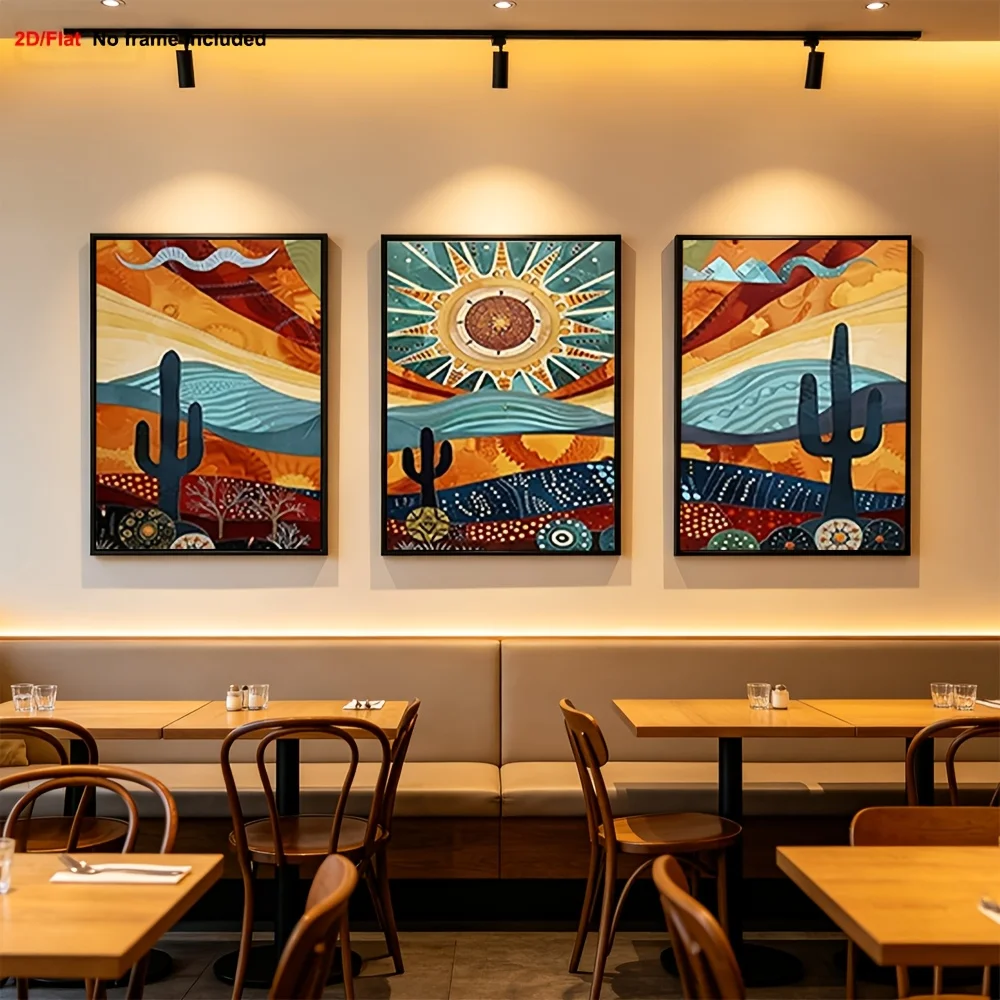 3pcs frameless Canvas Painting 2D Flat, 2D Flat | 3pcs Set | Home Decorative Painting | Warm-Toned Layered Abstract Landscape wi