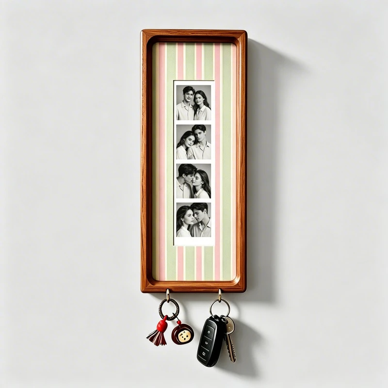 Lineshading Foto-Strip-Schlüsselhalter mit Stoffmatte, Walnussholz, Wandmontierter Schlüssel-Organizer mit Haken, DIY-Geschenk – Detail 2