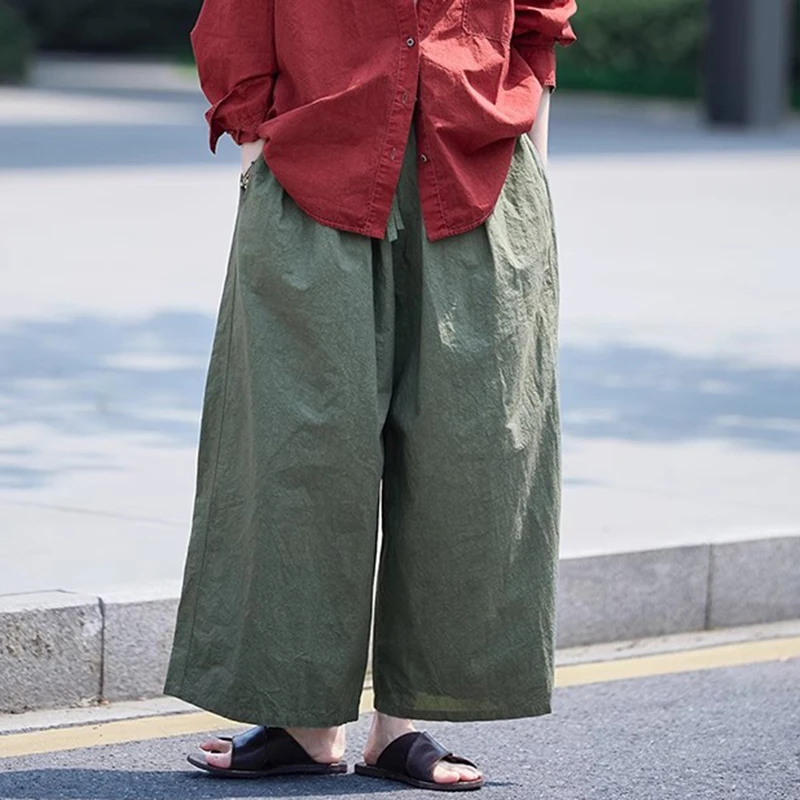

High Waist Cotton Casual Pants Women New 2025 Summer Vintage Style Solid Color Loose Female Ankle-length Wide Leg Pants M1625