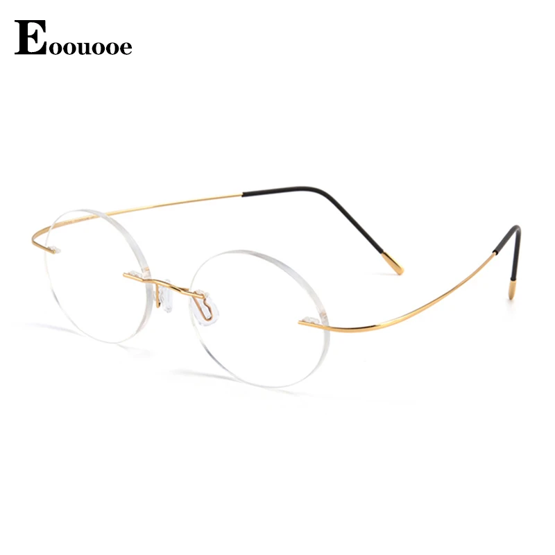 Eoouooe Vintage Pure Titanium Optical For Women Men Eyewear Oval Rimless Glasses Lightweight Myopia Anti Blue Light Eyeglasses