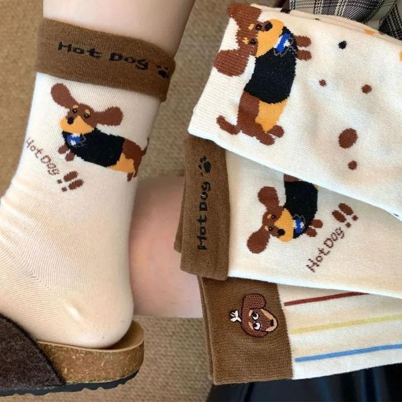

Cute Cotton Dog Print Mid-tube Stockings Autumn Winter Cartoon Sausage Dog Socks for Women Girls Soft Breathable Sleeping Socks
