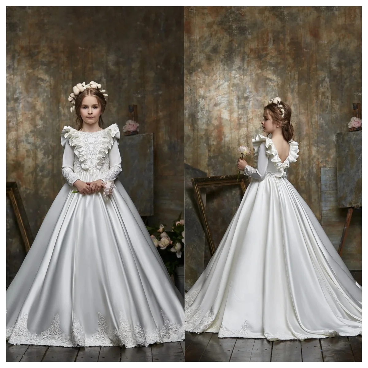 

First Communion Dress 2026 High-end Customized Long Sleeve Lace Satin A-Line Dress Flower Girl Wedding Dress Wedding Dress