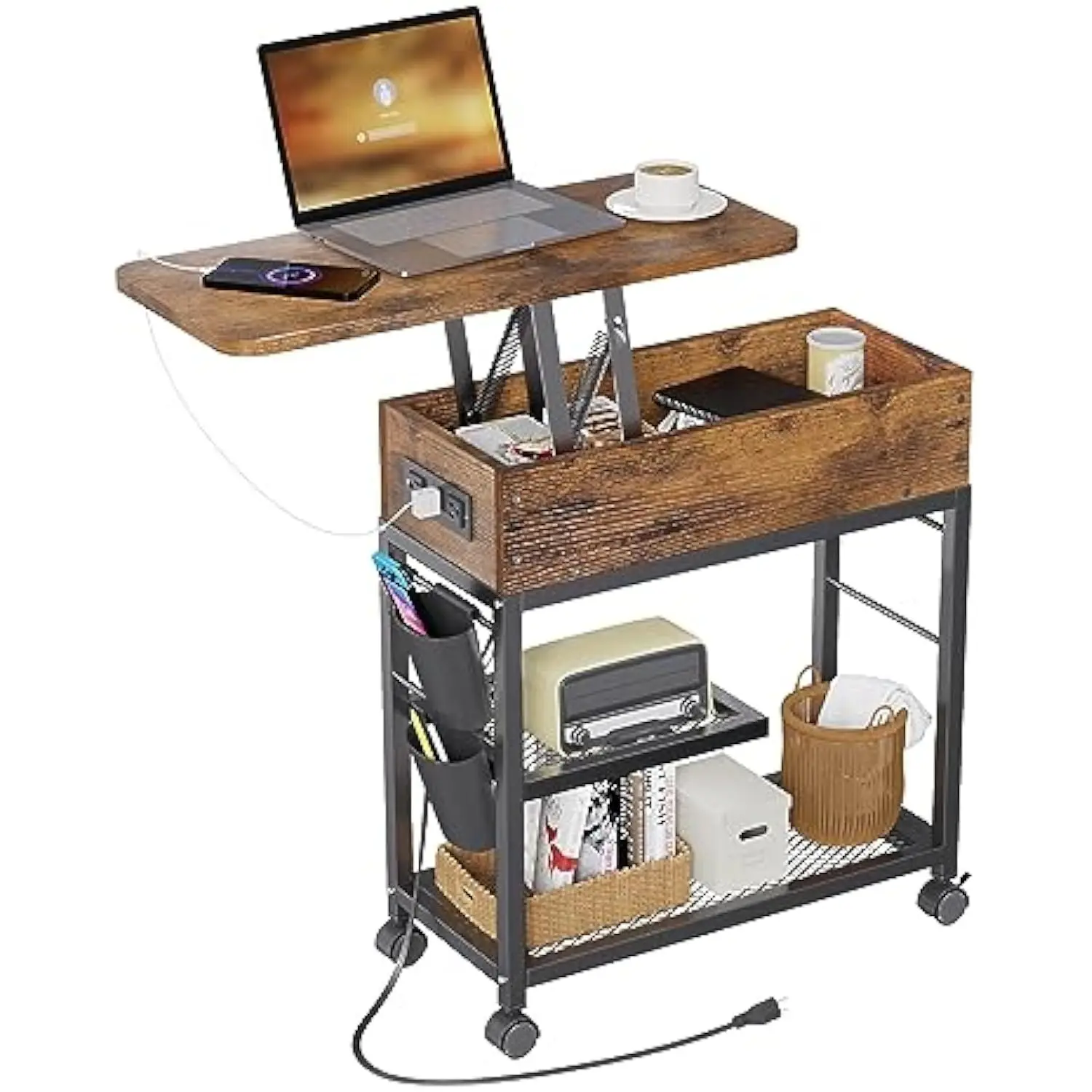 

Lift Top End Table with Charging Station and Wheels, Sofa Side Table with USB Port & AC Outlets, Movable Bedside Nightstand wi