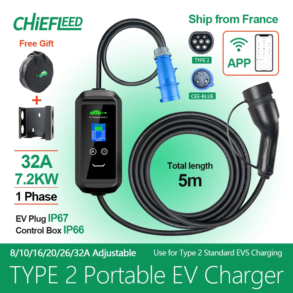 Chiefleed Type 2 7.2kw 32A APP EV Charging Cable EV Charger Station Wallbox EVSE Electric Car Charger portable ev charger