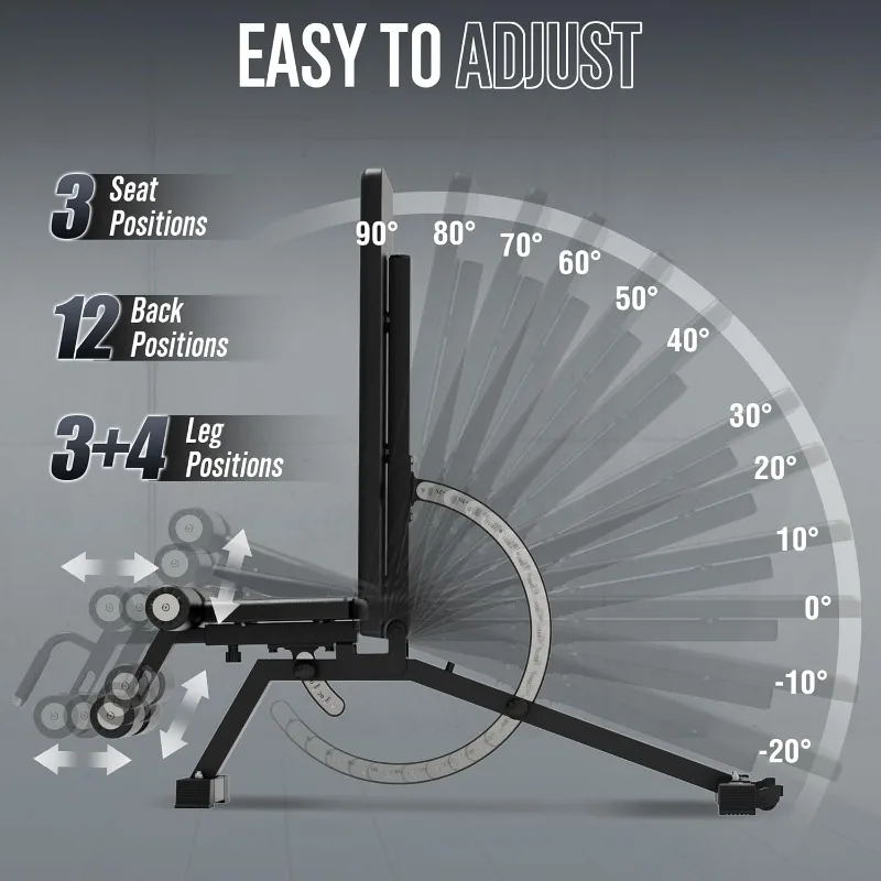 1200LB 조절 가능한 웨이트 벤치 - 분리형 다리 지지대, 수직 보관 공간 절약형 홈짐 전신 운동 벤치