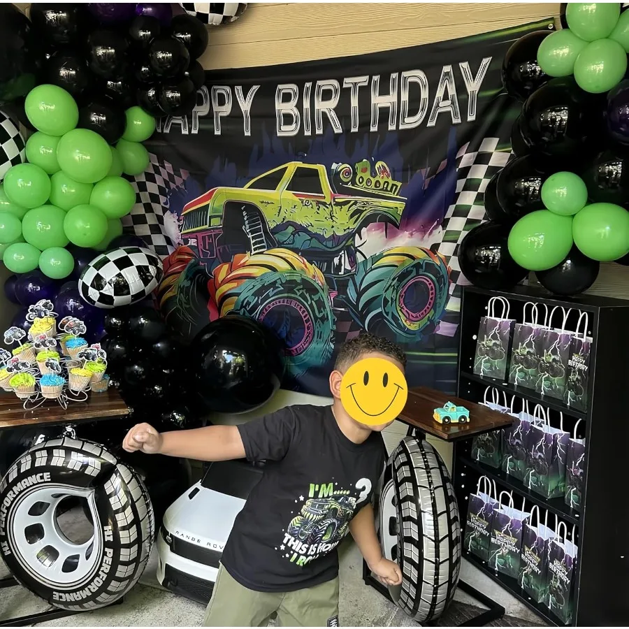 145Pcs Monster Truck Theme Purple and Green Black Balloon Garland Arch Kit with Big Wheels Checkered Foil Balloons for Truck Ra