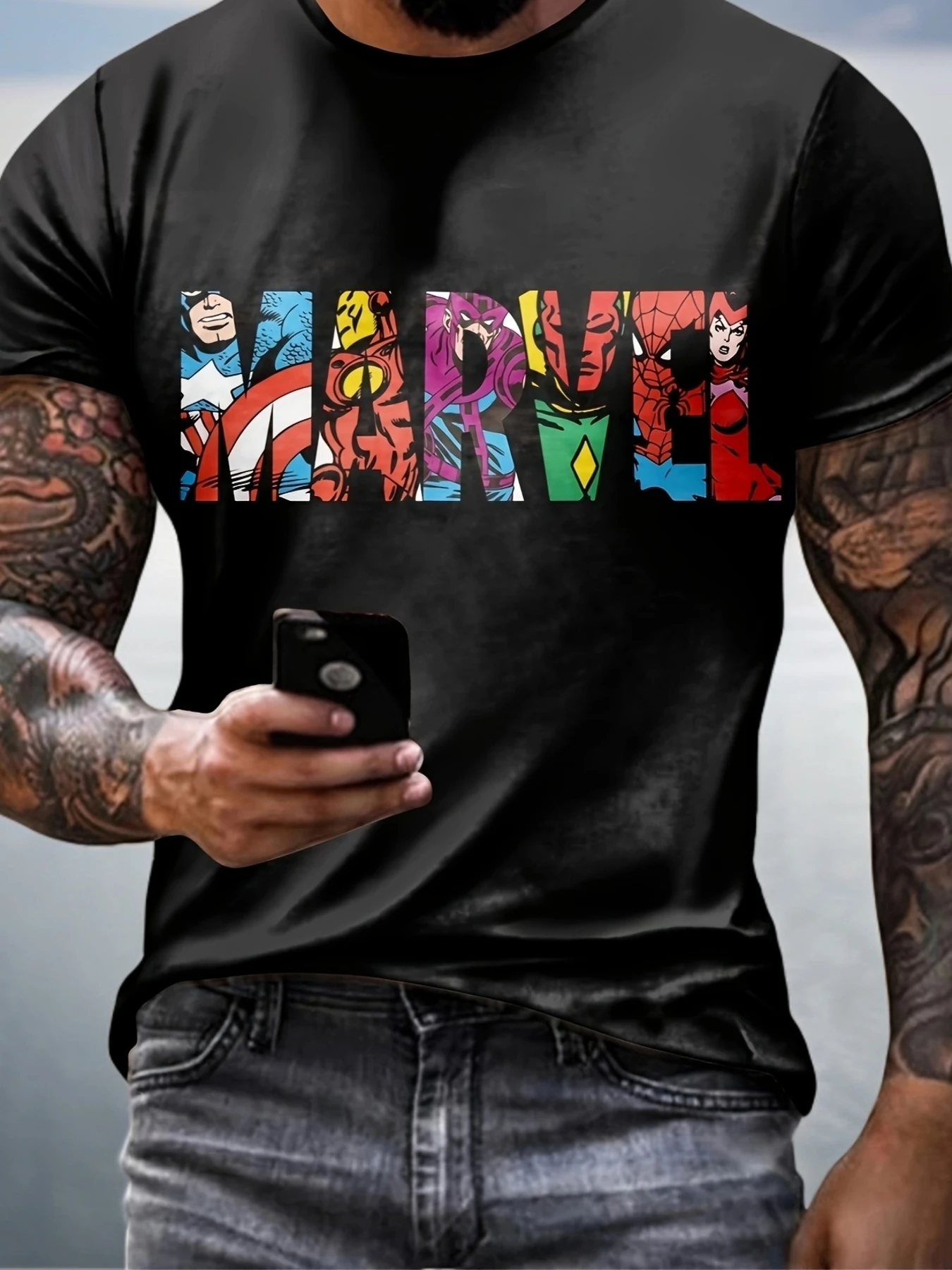 Pulôveres casuais da Marvel, gola redonda, manga curta, anime para homens, estampa de transferência de calor, camiseta de super-herói