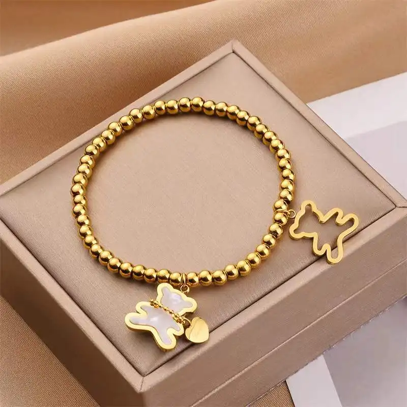 

Fashion Stainless Steel Link Chain Bangle Shell Bracelets for Women Gold color Heart Love Bear Bracelets Beads Jewelry Gifts