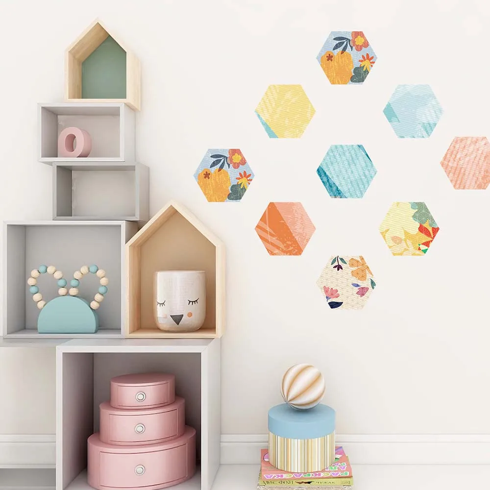 10PCS Hexagonal PVC Floor Sticker Self Adhesive Anti Slip Colorful Wallpaper Waterproof Home Decor Tile Wall Sticker Art Mural