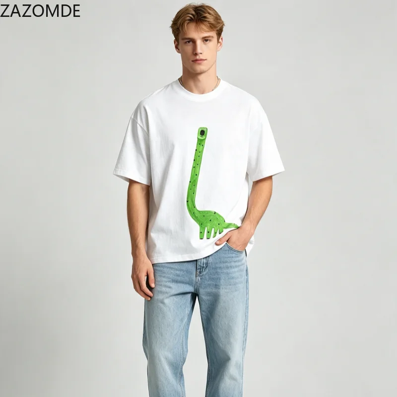 ZAZOMDE Summer Casual Oversized Animal Graphic Tee Vintage Green Long Neck Dinosaur Print Crew Neck Cotton Short Sleeve Tops