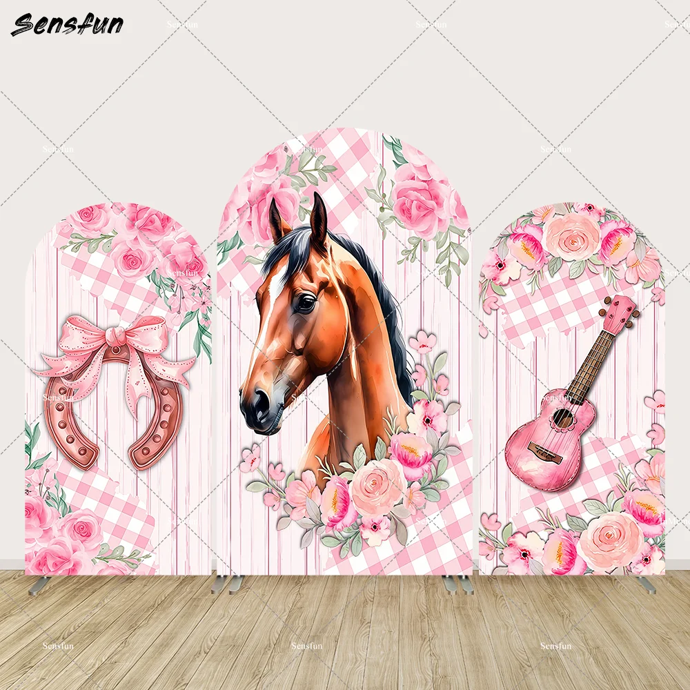 لوحات حائط على شكل حصان وردي، خلفية للحفلات، لوازم لافتة الجيتار، زهور الفتيات، غطاء خلفية لأعياد الميلاد