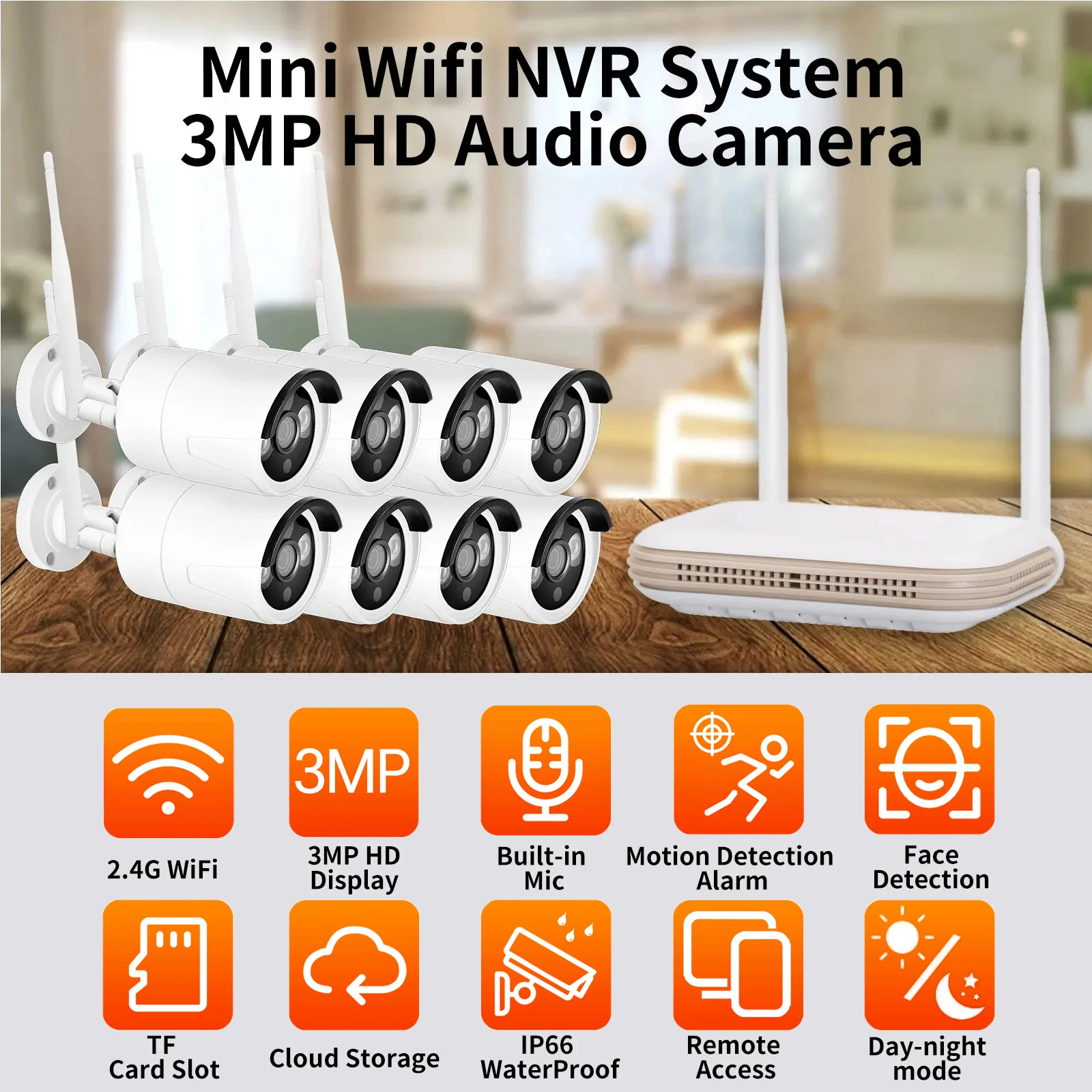 Gadinan 8CH 3MP WiFi IP Camera Mini NVR Kit Security System Audio H.265+ Face Detection Wireless Video Surveillance CCTV Camera