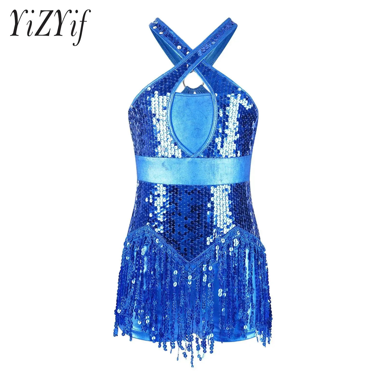 

Kids Girls Sequins Tassel Latin Cha-Cha Dance Leotard Performance Costume Cross Front Hollow Back Bodysuit for Dancing Outfit