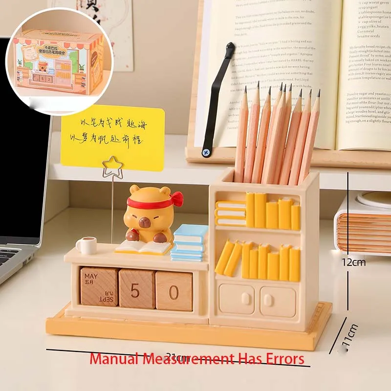 Capybara Desk Pen Holder with Wooden Perpetual Calendar Cute Resin Figurine Stationery Storage Box Table Decor Birthday Gift
