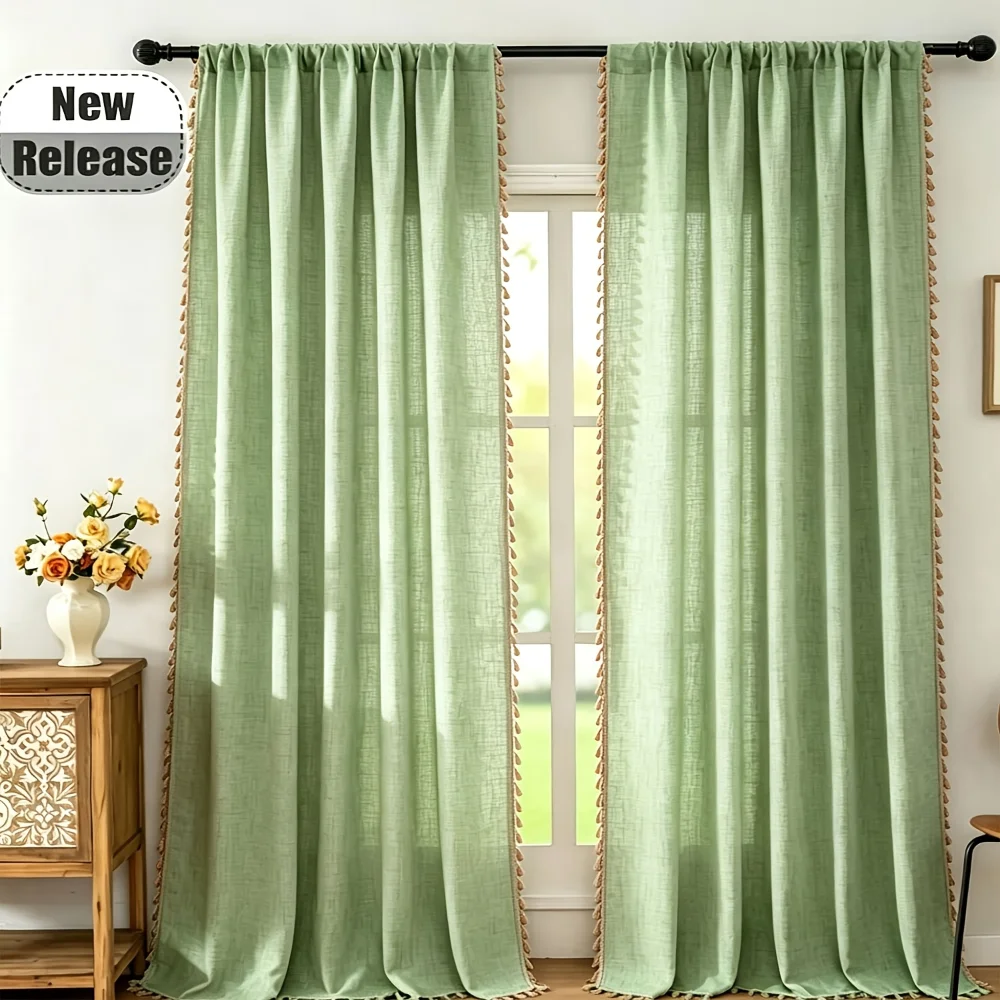 1PC Boho Tassel Curtain, Matcha Green Linen Textured Sheer Curtain, Rod Pocket Design for Living Room Bedroom Window Decor