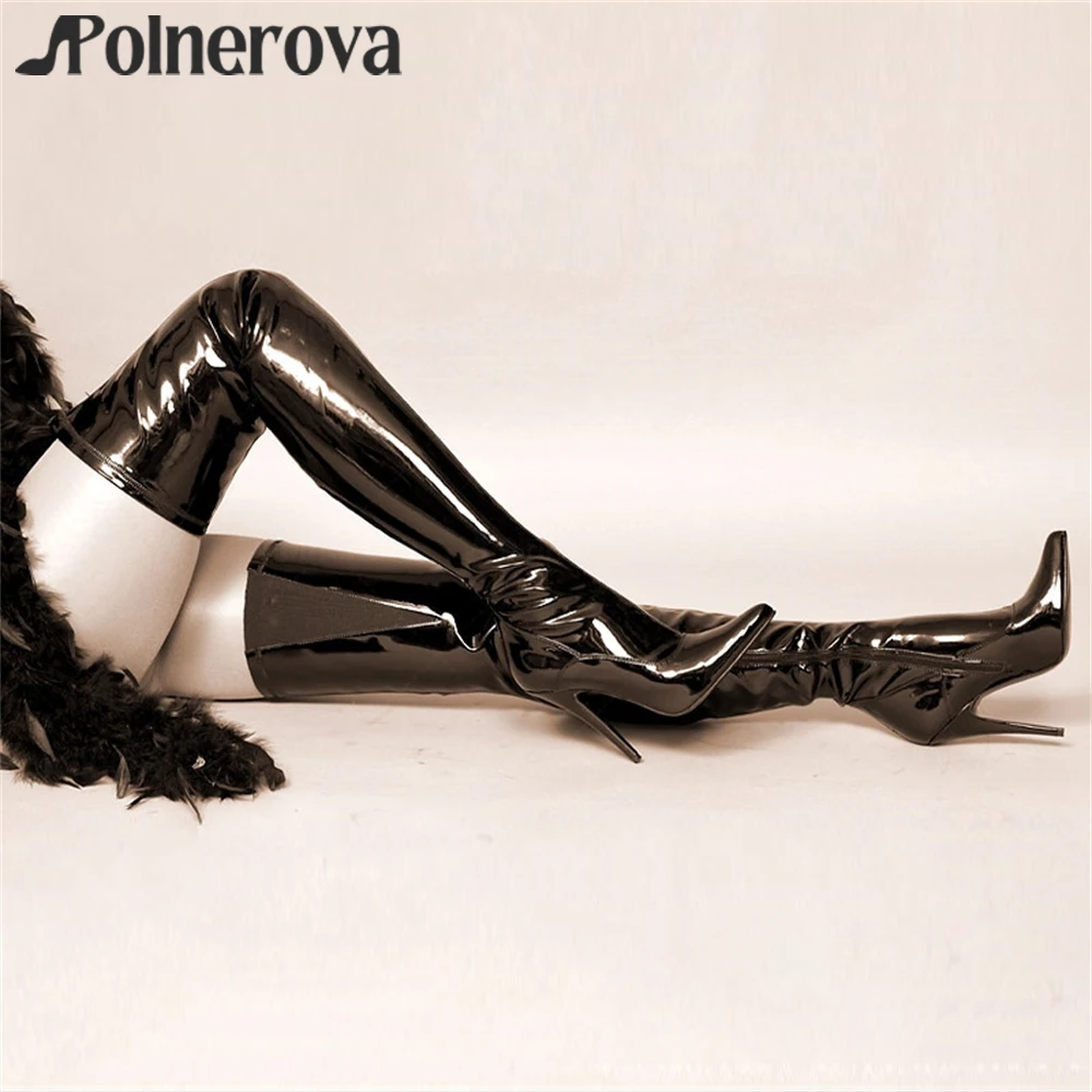 

Black Patent Leather Stretch Boots Sexy Stiletto over the Knee Boots Fashion Style Pointed Toe Boots for Women Custom Color Boot