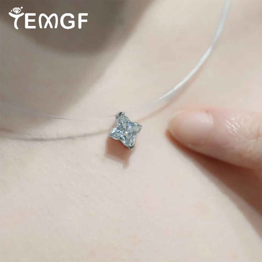 

TEMGF Transparent Fishing Line Necklace for Women 6.5mm/8mm/9mm Zircon/Moissanite Pendant 925 Silver Shiny Party Neck Jewelry