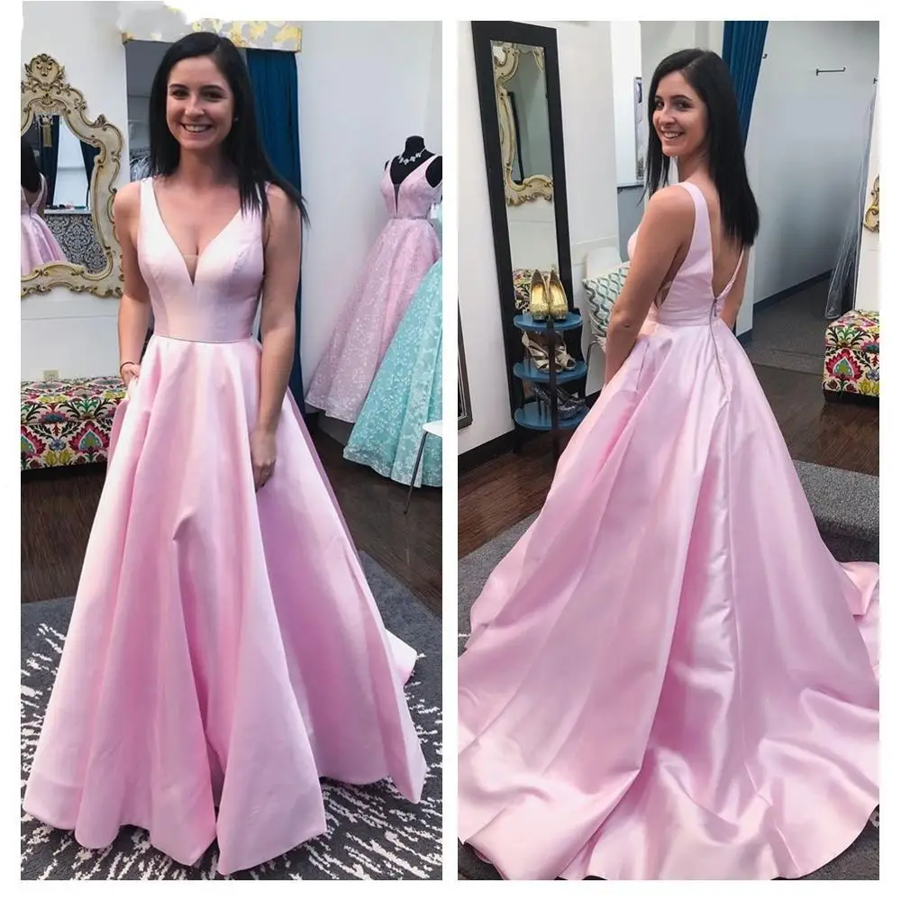 

ANGELSBRIDEP 2 STORE V-Neck Long Satin Evening Party Dresses Vestidos Sexy Backless Floor-Length Formal Celebrity Prom Dress