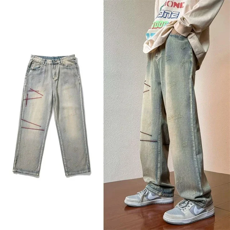 

Autumn Men Baggy Straight Wide Leg Jeans Retro Distressed High Street Y2K Denim Trousers Hip Hop Embroidery Scratch Jean Pants