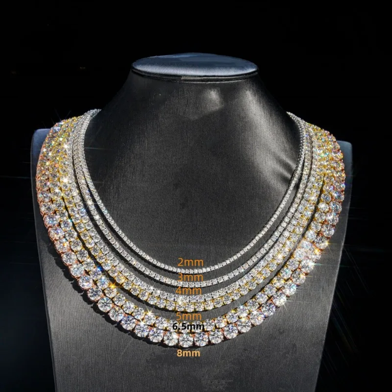 925 Sterling Silver 2MM D Color Moissanite Tennis Chain Necklace for Women Fine Jewelry Plated 18k Gold Pass Diamond Tester Gift