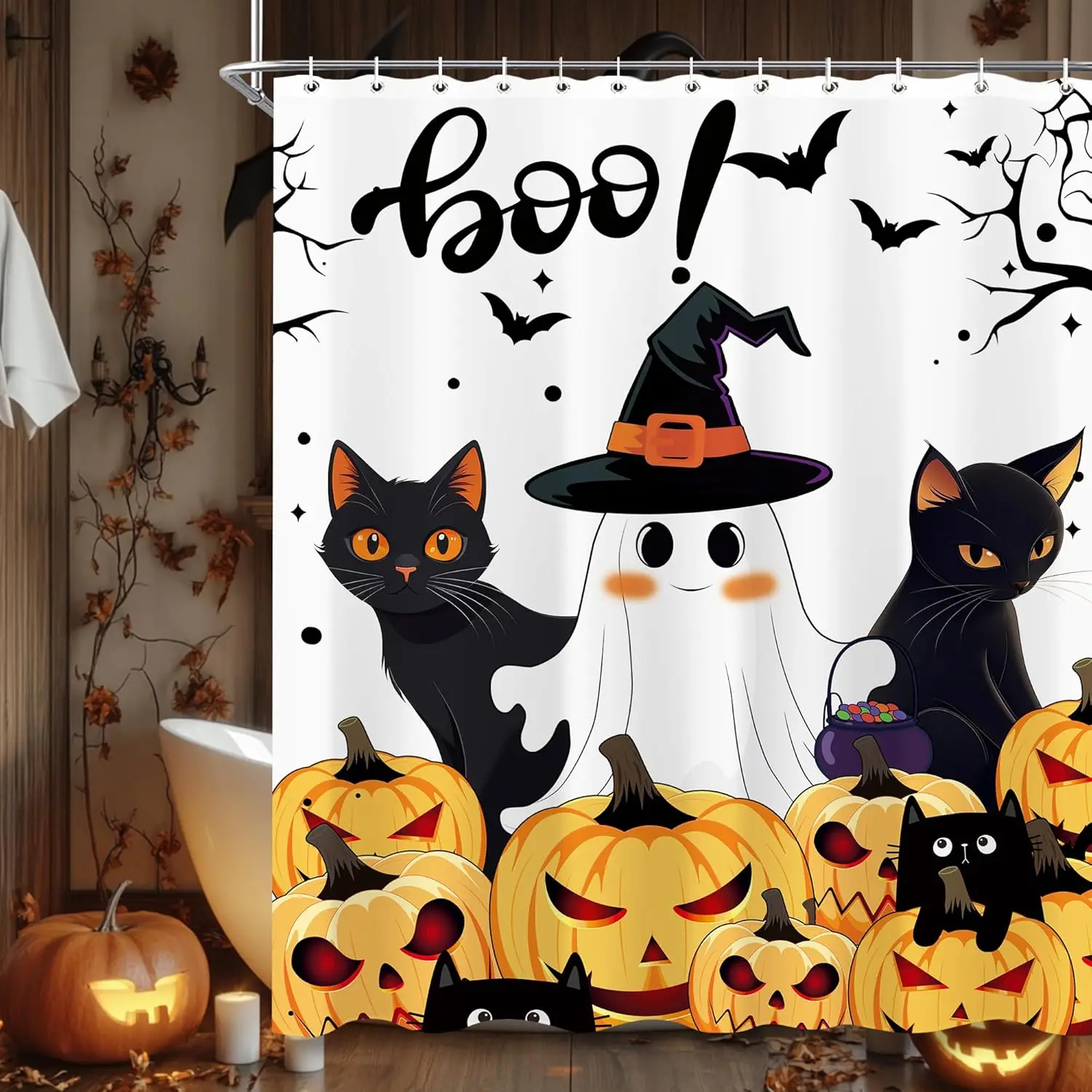 

Хэллоуин милый черный кот призрак занавеска для душа прекрасный тыква жуткий Boo летучая мышь занавеска для ванны Декор