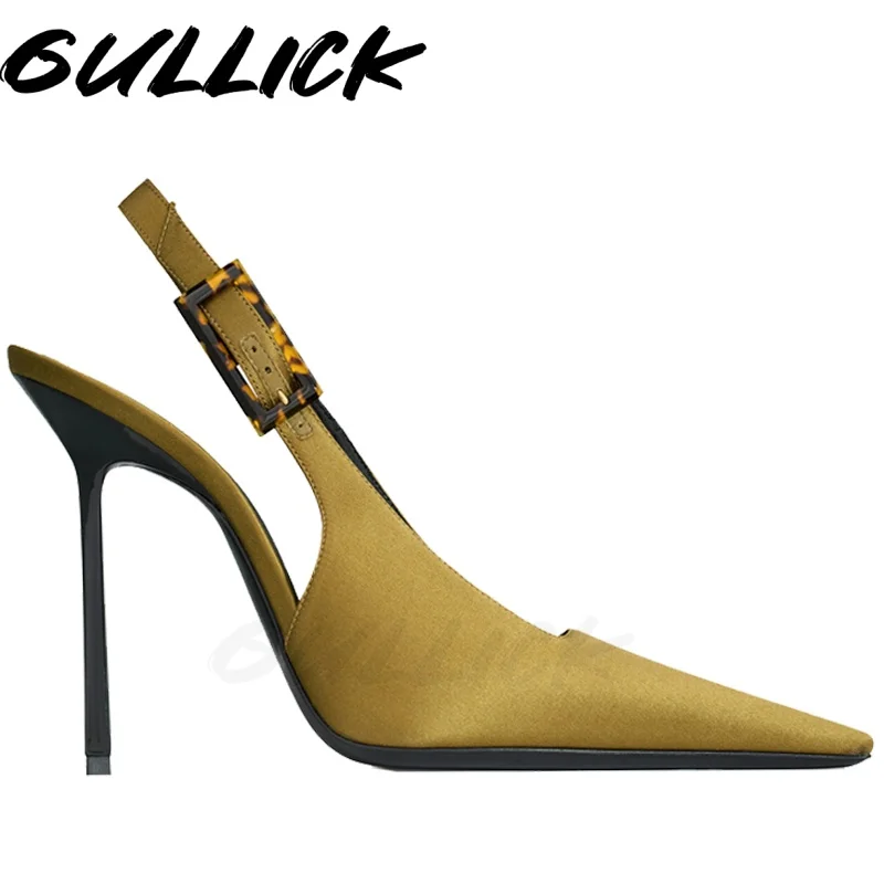 

Luxury Olive Green Heeled Sandals Shallow Buckles Slingbacks Slip On Pull On High Heels Women Designer Satin Sexy Solid Shoes