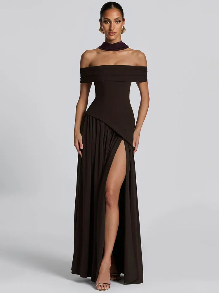 

Off-shoulder Backless Sexy Maxi Dress Women Fashion Strapless Sleeveless Pleated Thigh High Split Club Party Long Dress