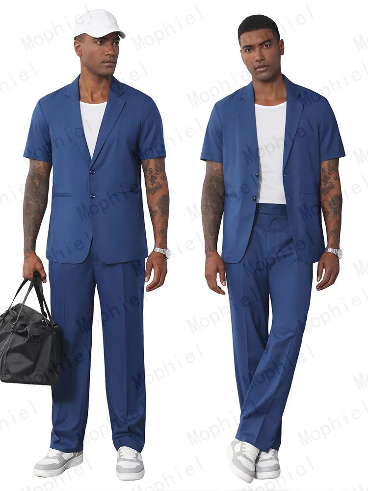 Picture 6: Mophiel Blue Linen Men Suits Short Sleeve Pants 2 Pieces Set Summer Beach Wedding Party Blazer Office Business Tuxedo Customized
