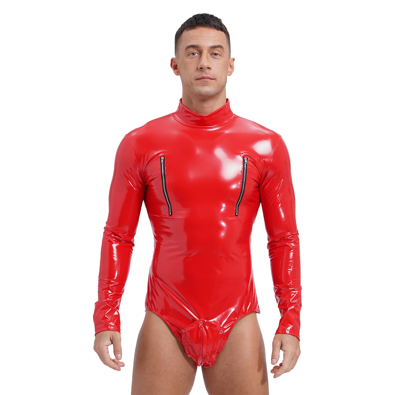 Mens Slim Fit Long Sleeve Zipper Bulge Pouch Boxer Bodysuit Shiny Latex Catsuit Leotard Overall Jumpsuit Leotard Clubwear