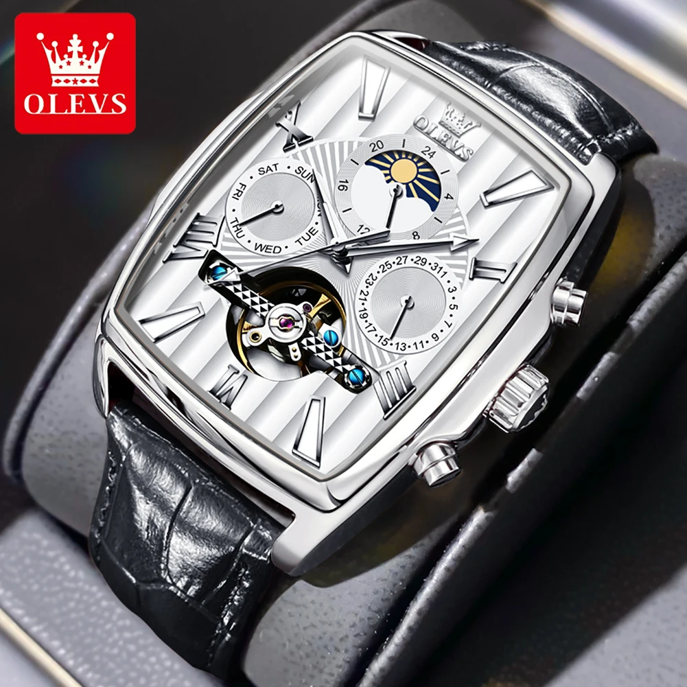 

OLEVS 6675 Automatic Mechanical Mens Watches Tourbillon Skeleton moon phase Top Brand Luxury Military Sport Watch leather Male