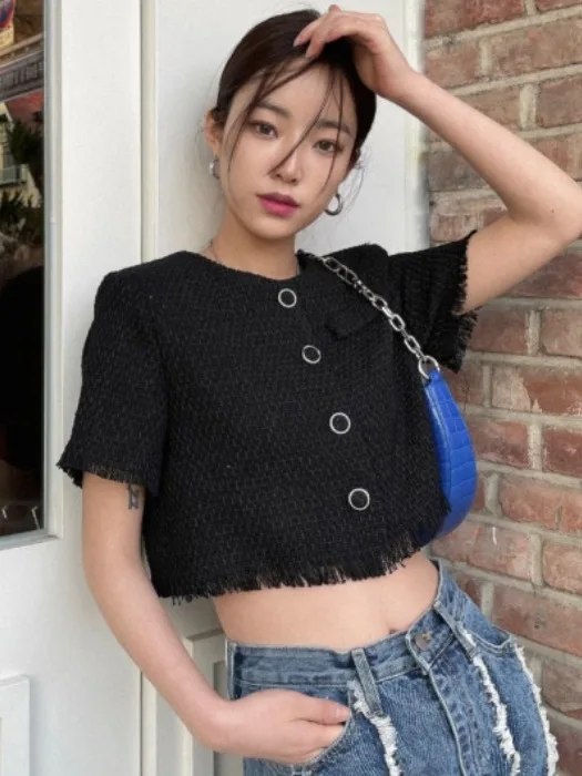 

Chic Summer Vintage round Ne Loose ort Sve Women's Jaet Five-Quarter Length Frayed Hem Design Versatile Casual Sle