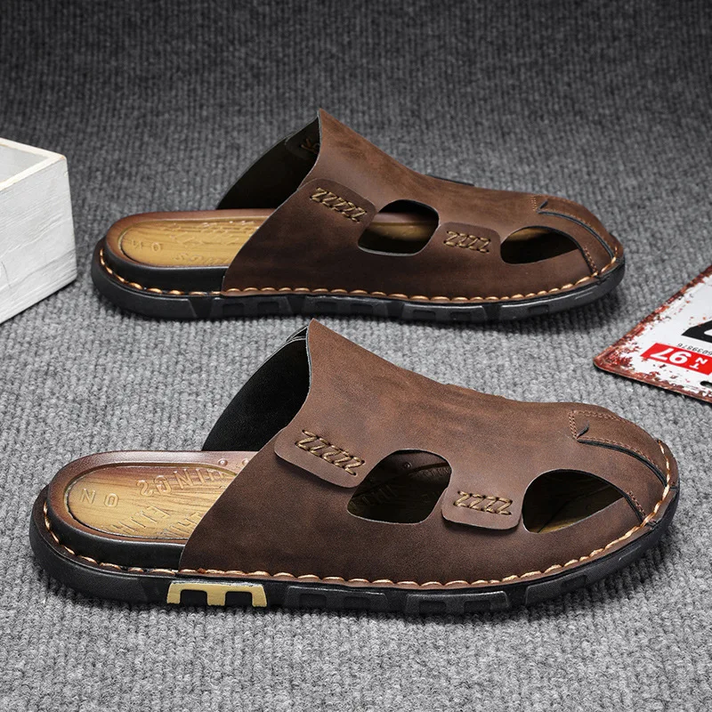 Men's Slippers Summer Baotou Half Slippers Luxury Cowhide Leather Slippers for Men Designer Slipper 2025 New Casual Beach Slides