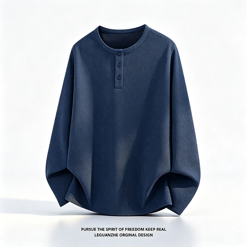 Herren-Langarmshirt mit Henley-Ausschnitt, Herbst-Übergrößen-Modell, lockere Passform, Strickoberteil, schlichtes Knopfleisten-Design, bequemes, lässiges Hemd für den Alltag – Detail 4