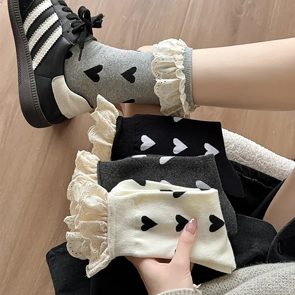 1 Pair New Autumn Women's Love Lace Socks Mid Tube Socks Ins Trendy Japanese Ballet Style Women's Lace Edge Stacked Cute Socks.