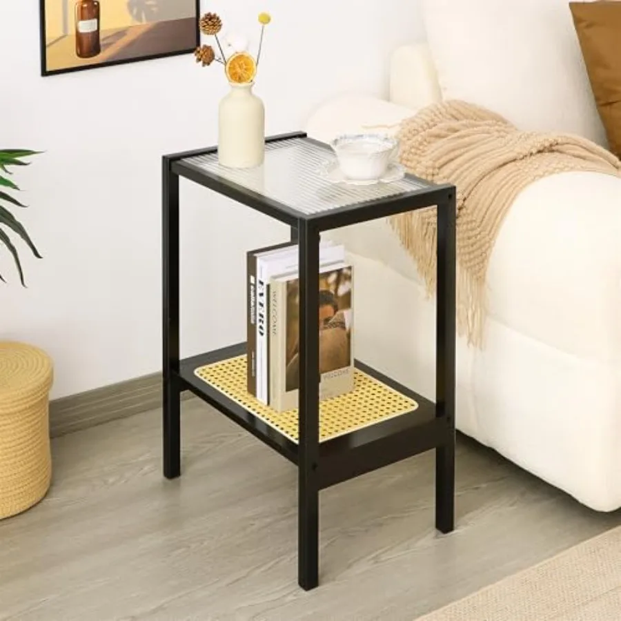 

2-Tier Bamboo Side Table Modern Glasstop Rattan Side Table Mid Century Wood Sofa-Side End Tables for Living Room Bedroom Night