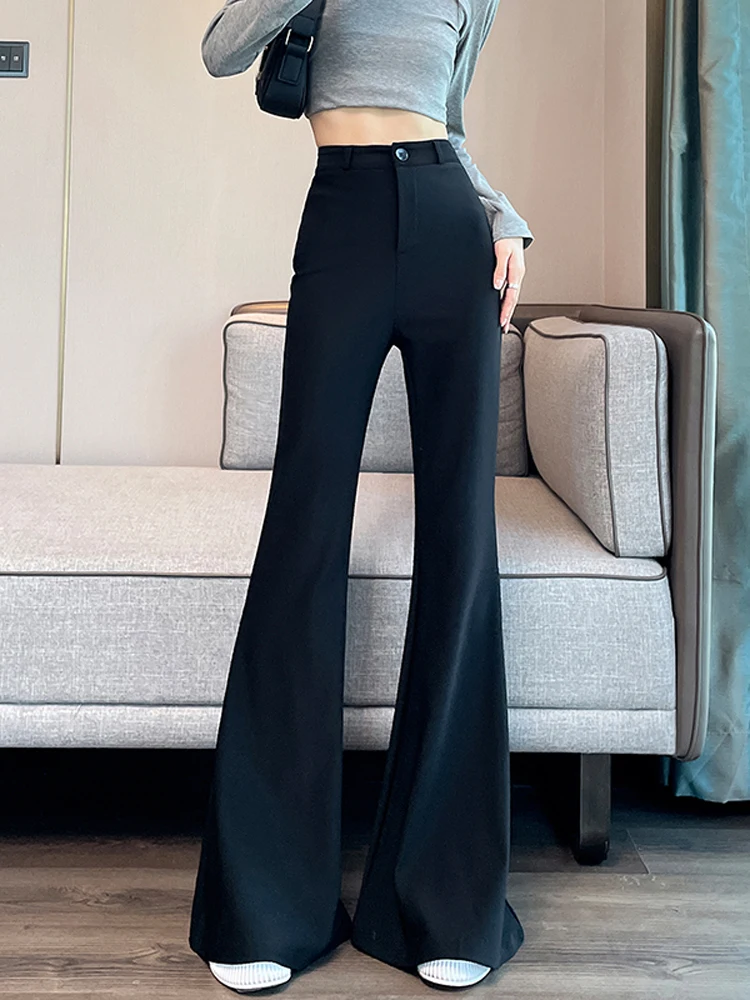 

Black Women's High Waist Long Length Suit Pants Spring Autumn High Rise Tapered Casual Floor Length Hoof Pants