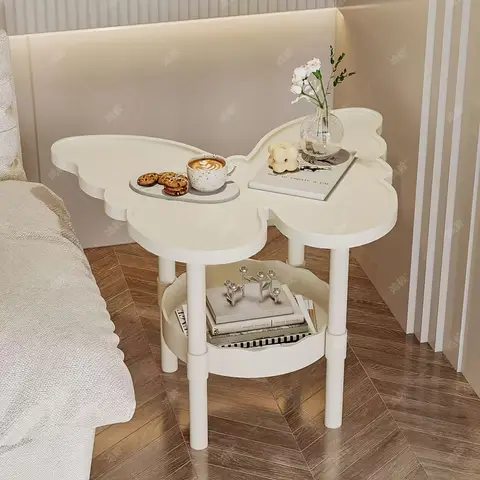 Butterfly Shaped 2-Tier Side Table, Double Storage Nightstand, Portable Assembly End Table, Curved Small Coffee Side Desk For Bedroom Living Room Balcony Garden Poolside
