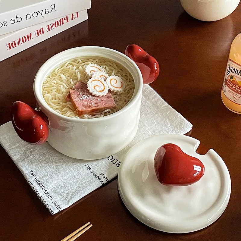 

Household Heart Shaped Ceramic Double Ear Instant Noodle Bowl with Lid Student Dormitory Fruit Salad Bowls Kitchen Tablewares
